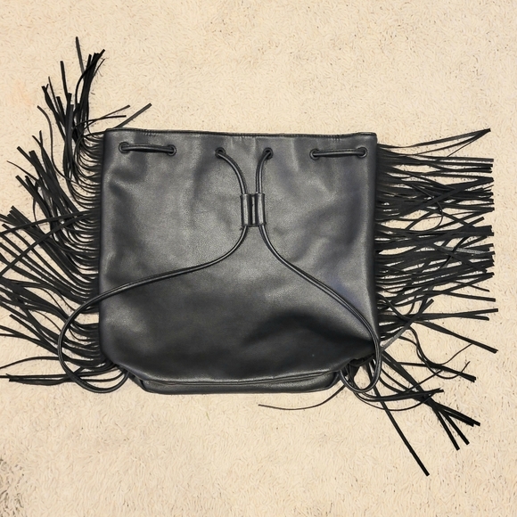 Victoria's Secret Vegan Leather Black Drawstring Fringe Tassel Backpack   NWOT - Picture 9 of 12